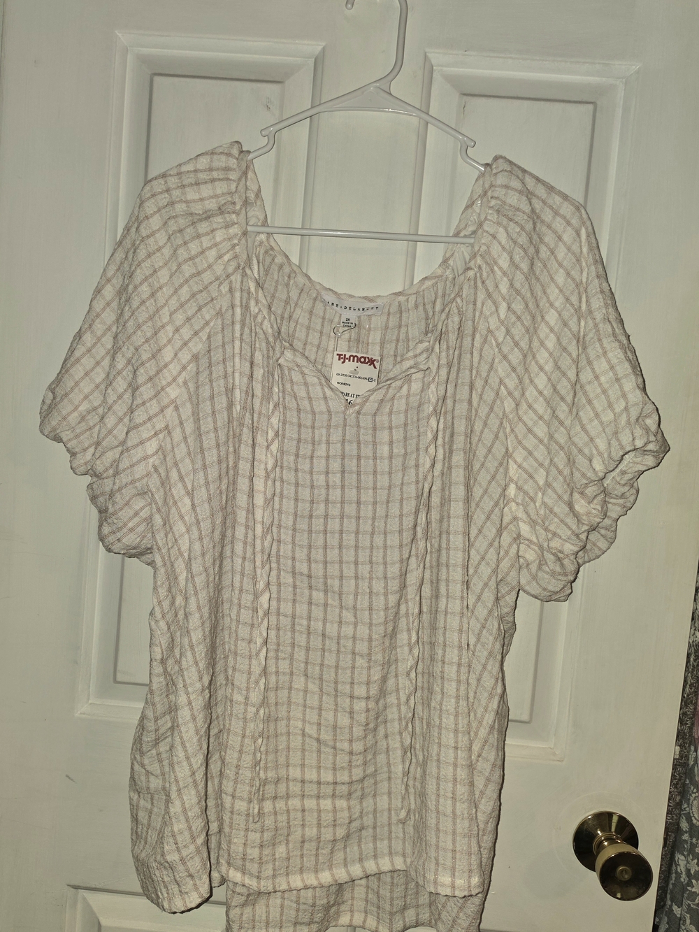 Jane and Delancey Cream and Light Brown Checked Peasant Blouse